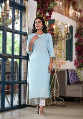 Powder Blue Ethnic Motif Printed Rayon Kurta With Buttons-2879POWDERBLUE